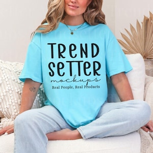 Comfort Colors 1717 Lagoon Blue Mockup | CC1717 Lagoon Blue T-Shirt Mock-up | Real Person Model | Trendy Blue Teeshirt Boho Aesthetic