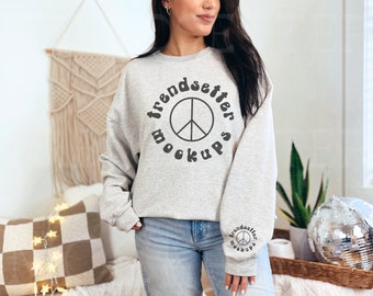 Gildan 18000 Ash Mockup, Ash Grey Crewneck Sweatshirt Sleeve Mock-up, Trendy Minimalist Boho G18000 Pullover, Free Unisex Size Chart