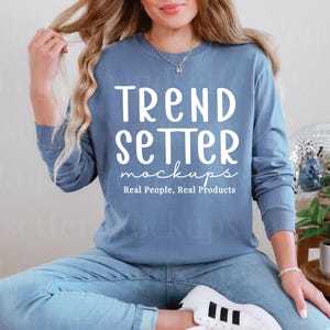Comfort Colors 6014 Blue Jean Mockup, CC6014 Blue Jean Long Sleeve Teeshirt, Casual Boho Mock-up, Trendy Minimalist Shirt, Real Person Model