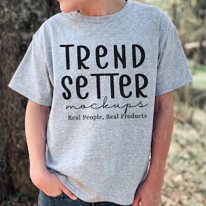 Kids Ash Grey Mockup Gildan 5000B, Unisex Trendy Mock-up, Youth Ash Shirt, Boys Mock, Kids Gildan 5000B Real Person Model