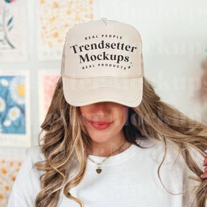 Otto Trucker Cap Mockup, 39-169 Tan Baseball Hat Mockup, Mesh Hat Mock-up, Lifestyle Mockup, Baseball Cap Mockup, Real Person Model
