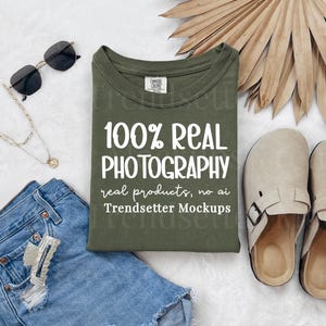 Comfort Colors 1717 Sage T-Shirt Mockup, CC1717 Tee Shirt, Trendy Boho Summer Flat Lay, No AI image 1