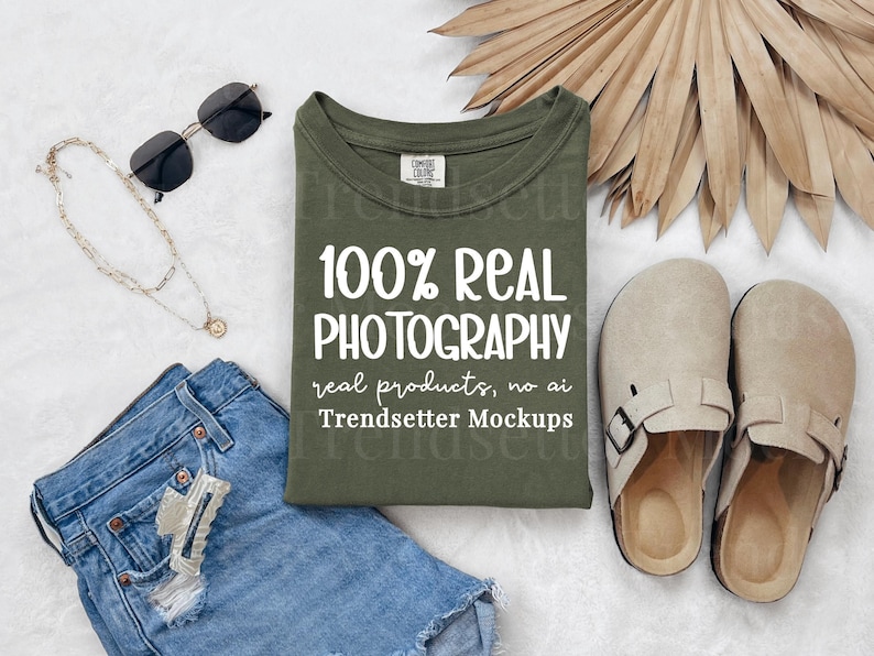 Comfort Colors 1717 Sage T-Shirt Mockup, CC1717 Tee Shirt, Trendy Boho Summer Flat Lay, No AI image 1