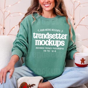 Light Green Comfort Colors 1566 Christmas Mockup, CC1566 Crewneck Sweatshirt, Real Model (Digital) image 1