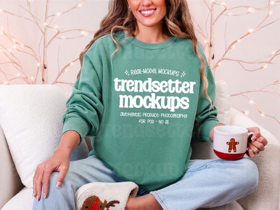 Light Green Comfort Colors 1566 Christmas Mockup, CC1566 Crewneck Sweatshirt, Real Model (Digital)