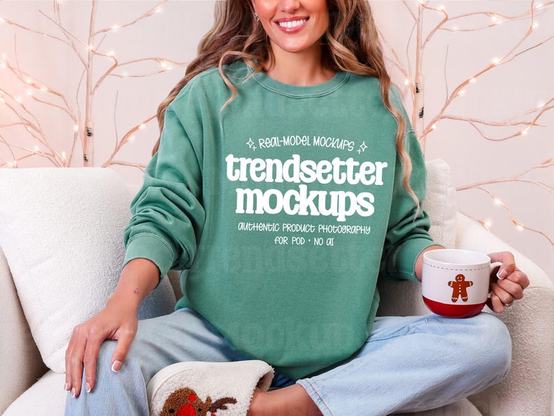 Light Green Comfort Colors 1566 Christmas Mockup, CC1566 Crewneck Sweatshirt, Real Model (Digital) image 1