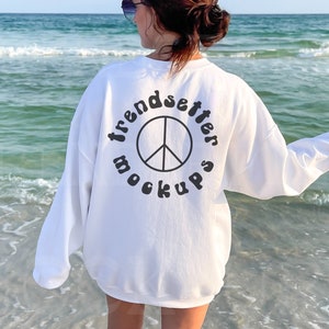 Back of Shirt Gildan 18000 White MockUp, White Sweatshirt Beach Mock-up, Trendy Tropical Pullover Mockup, Unisex Size Chart