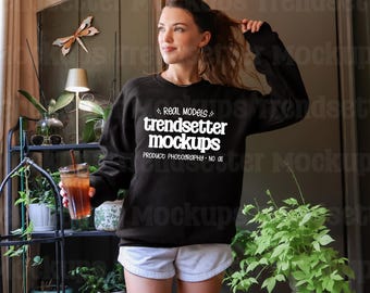 Gildan 18000 Black Mockup, G18000 Crewneck Sweatshirt, Boho Lifestyle, Real Person Model