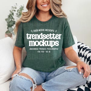 Bella Canvas 3001 Heather Forest Mockup, BC3001 Trendy Checkered Mock-Up, Simple CVC Green Blank Tshirt for POD Shops, Real Person Model