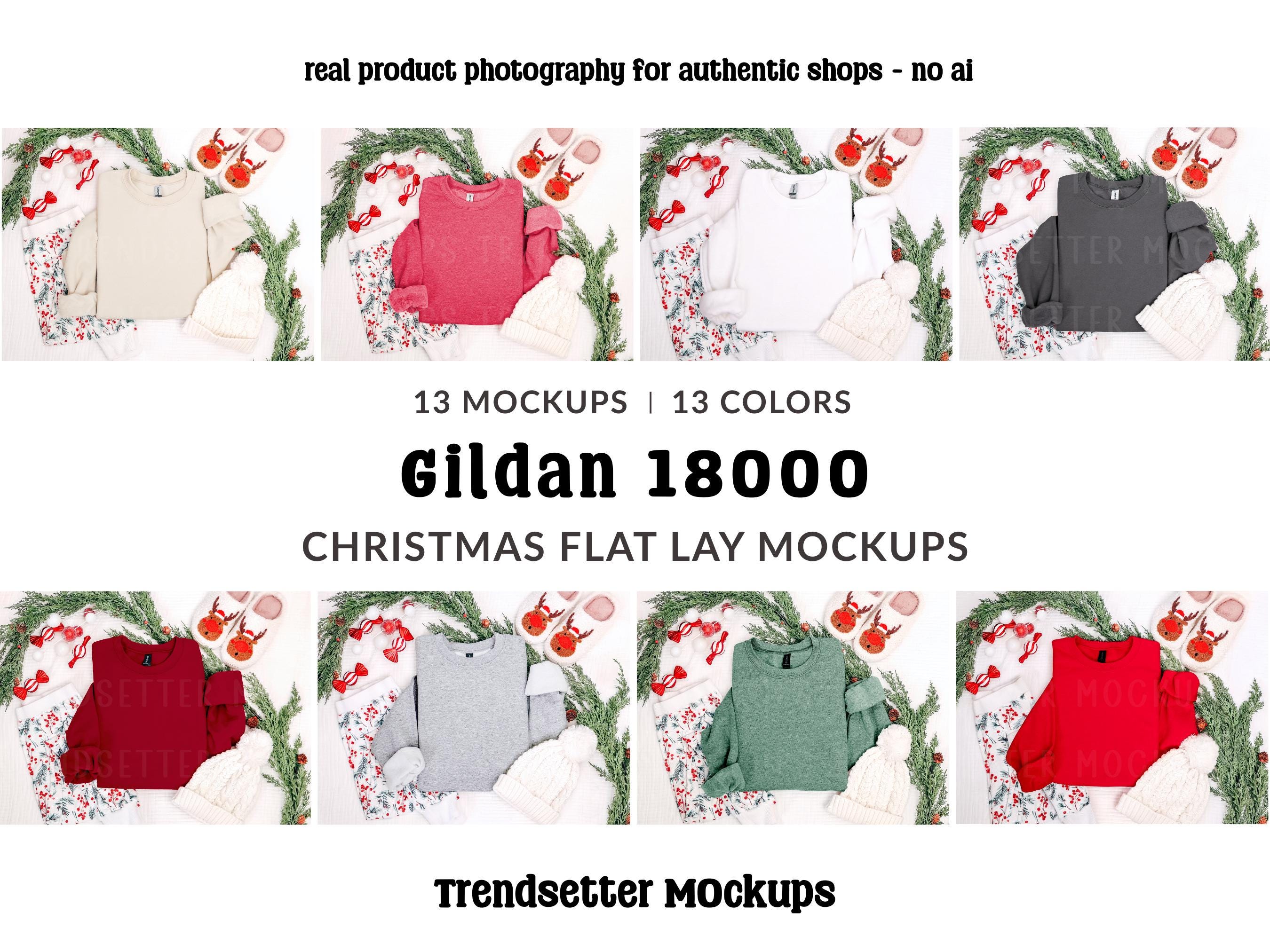 Gildan 18000 クリスマス フラットレイ モックアップ バンドル: POD