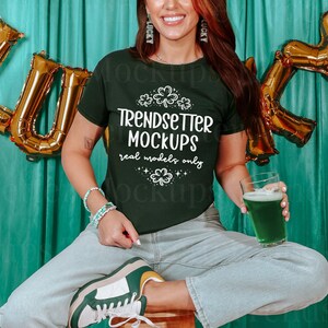 Gildan 5000B Forest Green Baby Tee St. Patrick's Mockup | G5000B St. Paddy Crop Top Mock-up | Real Person Model | Trendy Y2K Cropped Shirt