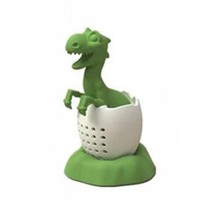 May include: Green dinosaur tea infuser in a white egg-shaped strainer with holes. The dinosaur is hatching from the egg and has a green base.