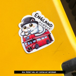 Adesivo per autobus londinese Cat, adesivo da viaggio di Londra per valigia, adesivo del Regno Unito per diario di viaggio, adesivi artistici di Londra per pianificatore di viaggio, adesivo della città