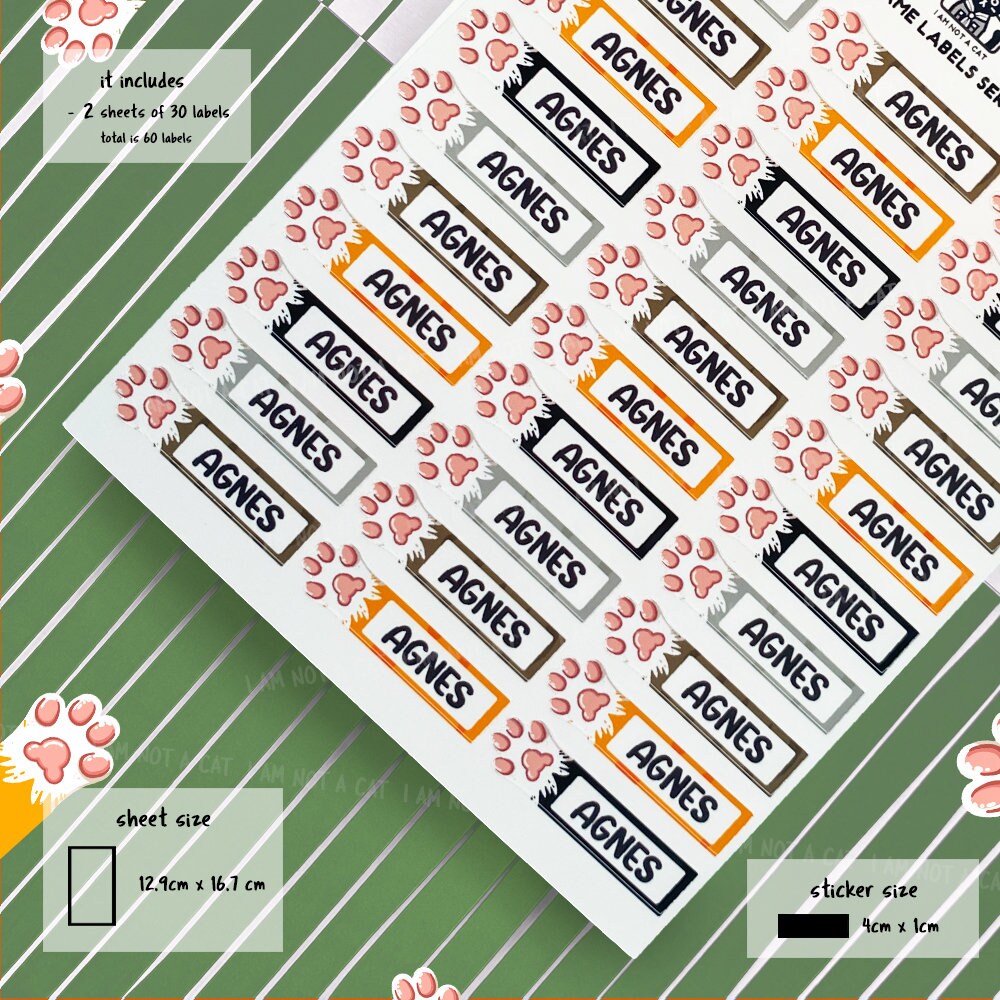 Personalized Name Labels Cat Paws X60 - Daycare, School Supply, Custom ...