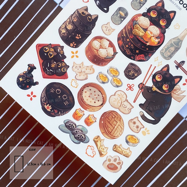 Cat Sticker Sheet - chinese antique Dim Sum Cats | for  kindle, macbook, bike, decor,skateboard , water bottle,  chinese ink art sticker