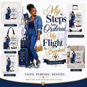 Op de afbeelding: Een collectie reis-thema producten met een vrouw met een paspoort en bagage. Artikelen zijn onder andere een t-shirt, tote bag, tumbler, kofferhoes en kussen. Het ontwerp bevat de tekst "My Steps Are Ordered, My Flight Is Booked".