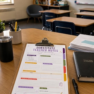 May include: A white paper substitute teacher notes form on a wooden clipboard. The form features colorful headers and sections for daily summaries, completed tasks, student recognition, and follow-up notes, with the text Substitute Teacher Notes.