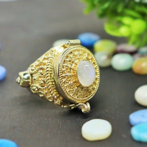 Anillo de piedra lunar arcoíris natural, anillo de veneno, anillo ajustable, anillo de latón, anillo de compartimento, artículo hecho a mano, regalo único de Halloween, chapado