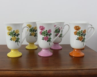 Japanese Pedestal Mugs - Irish Coffee Mugs - With Painted Roses - 1970s MCM Vintage Retro - Made in Japan - Blue/Yellow/Orange/Pink