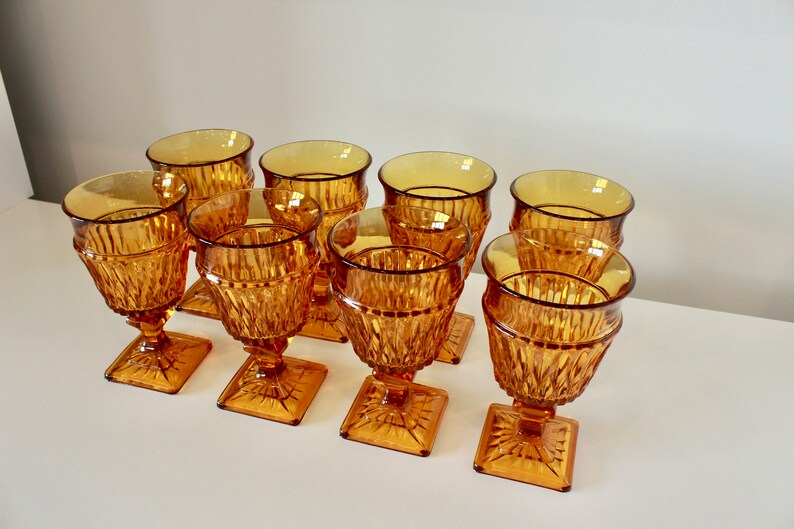 Vintage Indiana Glass Company Amber Mount Vernon Goblets Wine/Water Glasses Low Sherbet Glasses Footed MCM 1970s Glassware Barware image 3