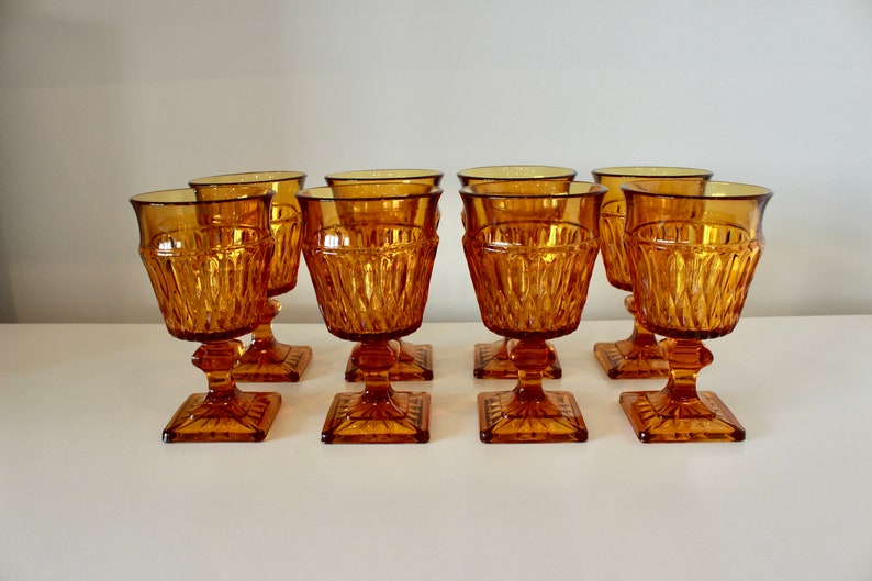 Vintage Indiana Glass Company Amber Mount Vernon Goblets Wine/Water Glasses Low Sherbet Glasses Footed MCM 1970s Glassware Barware 10 Fluid ounces