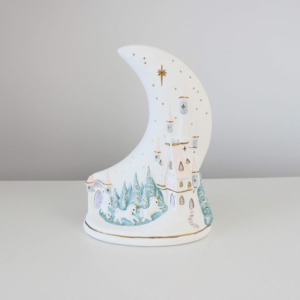 Vintage Moon Night Light W/ Unicorns & Castle - Lamp Collectible Hand Painted