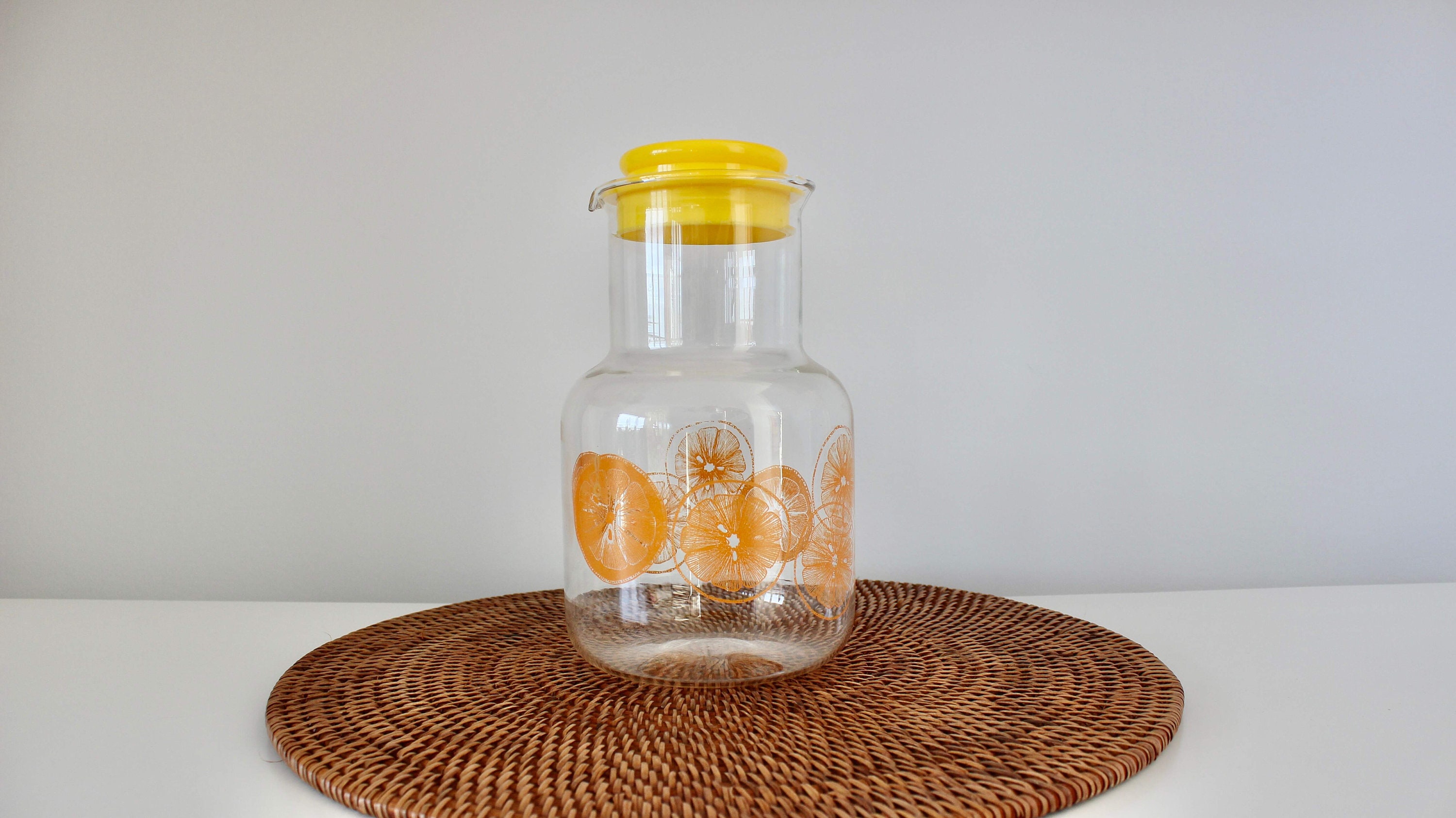 Vintage Glass Bottle Home Juice Orange Juice Jug 2 Handles 64 oz With Lid