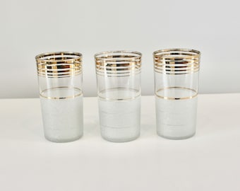 Vintage MCM Water Glasses - Set of 3 - Frosted Gold Trim Retro