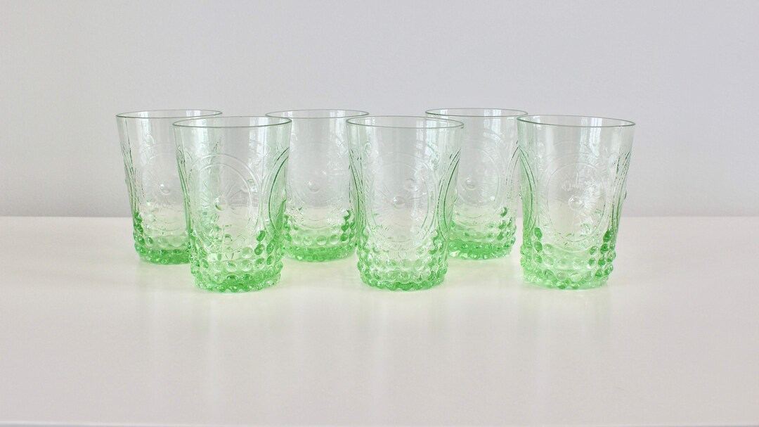 Vintage Green Hobnail Glasses Set of 6 Retro MCM Mid Century Modern