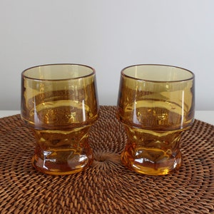 Vintage Libbey Amber Lowball Glasses - Set of 2 - Honeycomb Pattern Pressed Glass -  Antique Retro MCM