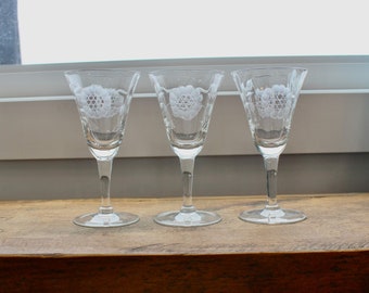 Vintage W.J. Hughes Cornflower Sherry Wine Glasses - Set of 3 - Etched Crystal Glassware Barware Collectible