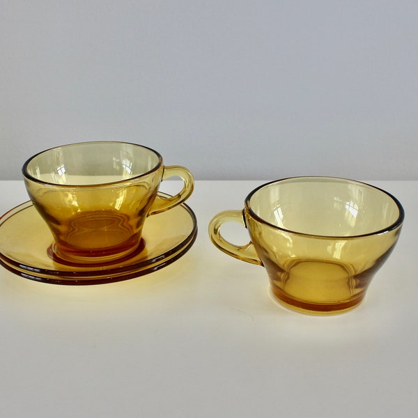 Italian Vitrosax Amber Glass Tea Cups & Saucers - Set of 2 - Vintage Retro Collectible Glassware Barware Serving Ware