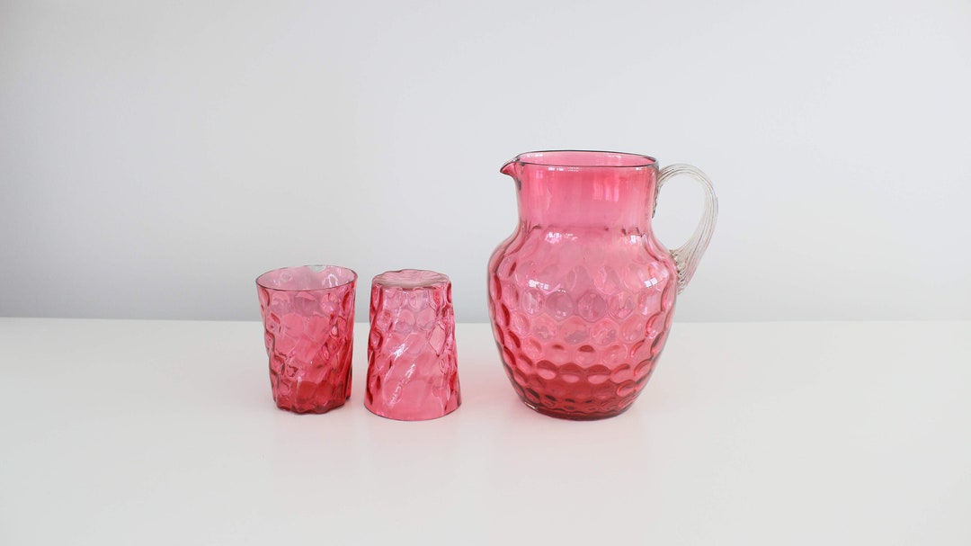 Cranberry Boston Sandwich Glass Pitcher W/ Two Matching Cups 3 Piece