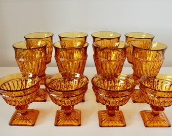 Vintage Indiana Glass Company Amber Mount Vernon Goblets - Wine/Water Glasses - Low Sherbet Glasses - Footed MCM 1970s Glassware Barware