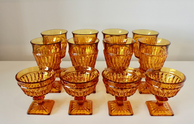 Vintage Indiana Glass Company Amber Mount Vernon Goblets Wine/Water Glasses Low Sherbet Glasses Footed MCM 1970s Glassware Barware image 1