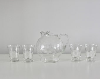 Vintage Cornflower Juice Pitcher & Glasses - Set of 5 - Etched Glassware - Retro MCM Collectible