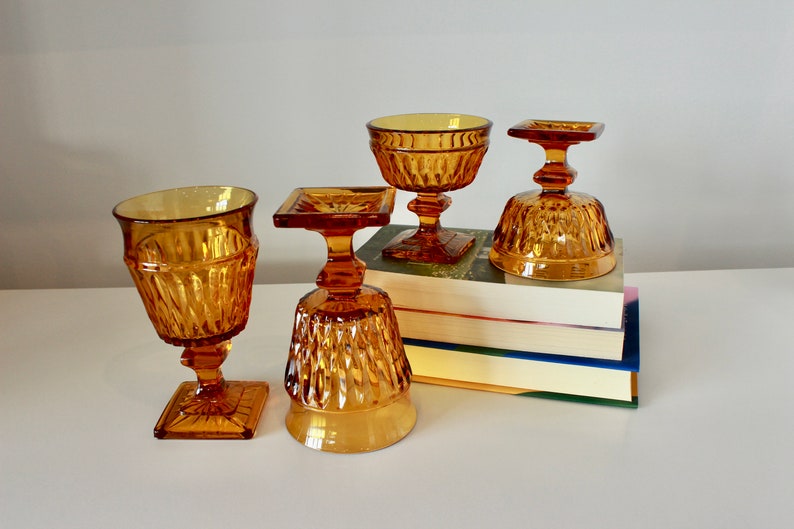 Vintage Indiana Glass Company Amber Mount Vernon Goblets Wine/Water Glasses Low Sherbet Glasses Footed MCM 1970s Glassware Barware image 7