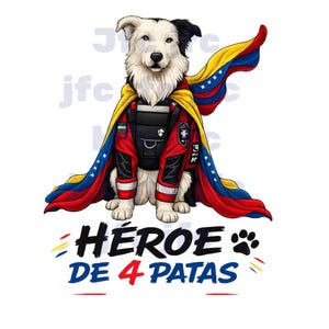 Puede incluir: Un perro blanco y negro que lleva un chaleco táctico rojo y negro y una capa ondeante con los colores amarillo, azul y rojo de la bandera de Venezuela. Debajo del perro, el texto dice HÉROE DE 4 PATAS en negro y rojo con una huella.