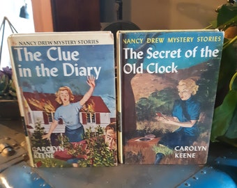 1959 Nancy Drew The Secret of the Old Clock #1 by Carolyn Keene and 1962 Nancy Drew The Clue in the Diary #7/ Vintage Hardcover Mysteries