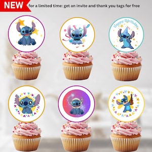 3 In 1 Stitch Birthday Party Cupcake Toppers and a Free Invite, Thank you Tags and a Sticker| Editable Canva Templates