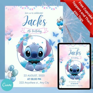 3 In 1 Stitch Birthday Party Cupcake Toppers and a Free Invite, Thank you Tags and a Sticker| Editable Canva Templates