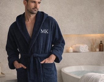 Men’s Turkish Cotton Terry Bathrobe – Personalized Absorbent Cotton Robe, Monogrammed Gift for Him