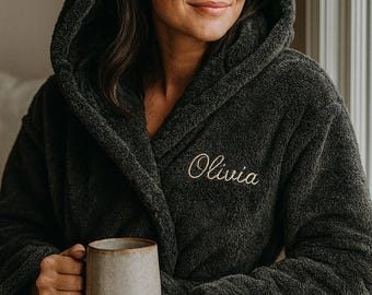 Women's Hooded Plush Fleece Robe, Personalized Embroidered Spa Loungewear