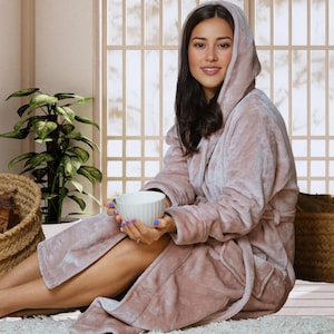 Hooded Bathrobe with Initials - Personalized Fleece Robe for Women, Cozy Plush Loungewear, Warm Dressing Gown, Custom Birthday Gift