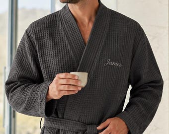 Luxury Waffle Robe for Men – Personalized Lightweight Spa Bathrobe, Modern Lounge Robe Gift
