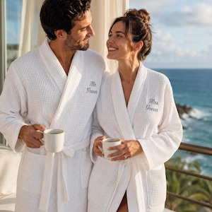Honeymoon Couples – Personalized Matching Waffle Robes, His and Hers Spa Set