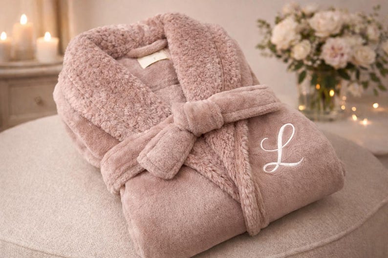 May include: A plush, dusty rose-colored robe with a matching belt, folded neatly on a neutral-toned surface. The robe features a white embroidered letter "L" on the front. The soft, textured fabric suggests comfort and relaxation.