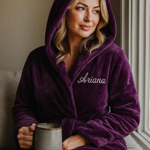 Super Plush Custom Name Robe - Long Embroidered Bathrobe, Women's Fluffy Fleece Purple, Birthday Wife