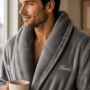 Custom Men's Robe, Plush Fleece Bathrobe with Personalized Embroidery