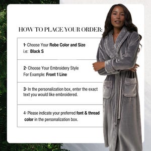 May include: A woman wearing a gray plush robe with a shawl collar and pockets. The robe has a belt and embroidered details on the cuffs and pockets. Text on the left side reads "HOW TO PLACE YOUR ORDER:" with instructions for ordering.